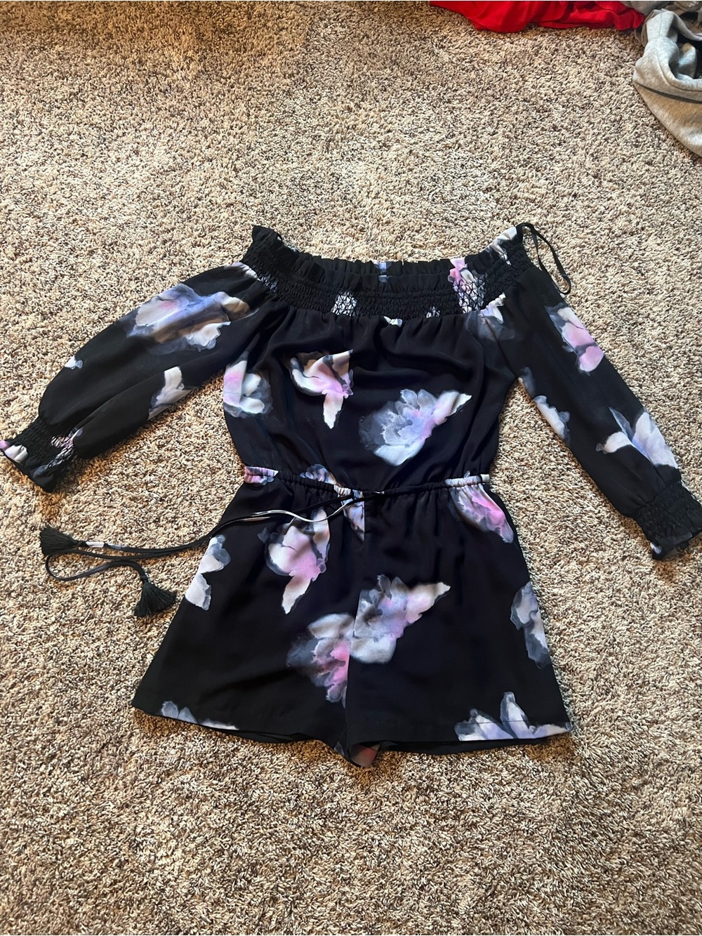 bebe Black Floral Off-Shoulder Tunic Romper with Pink and Lavender Accents